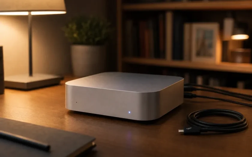 Liten Mac Mini-liknande dator på skrivbord i mjukt kvällsljus