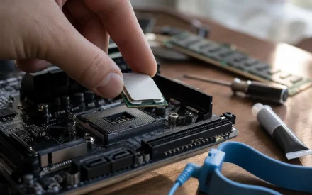Processor hålls över moderkortssockel under montering av dator
