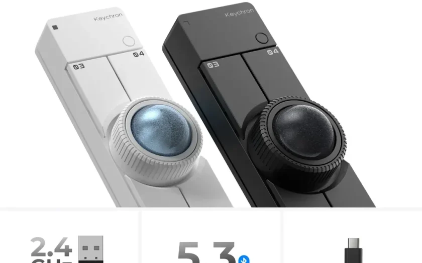 Två Keychron Nape Pro-enheter i vit och svart med två knappar och en blå/svart styrkula. Nedan visas anslutningslägen: 2.4GHz trådlös, Bluetooth 5.3 och USB Typ