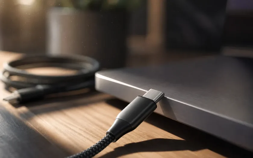USB-C-kabel ansluten till en bärbar dator i närbild