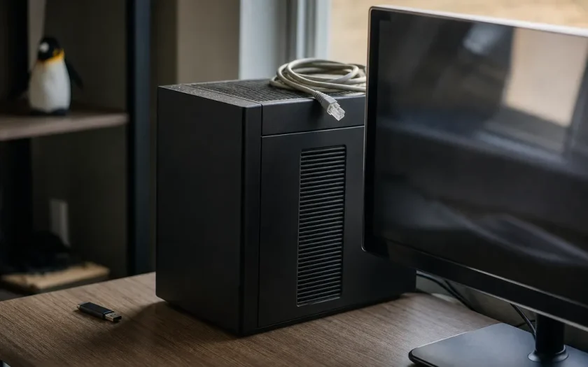 Datortorn och USB-minne på skrivbord, symbol för Linux-statistik