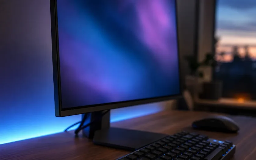 OLED-skärm i mörk miljö med suddig bakgrundsbelysning, ingen läsbar skärmtext