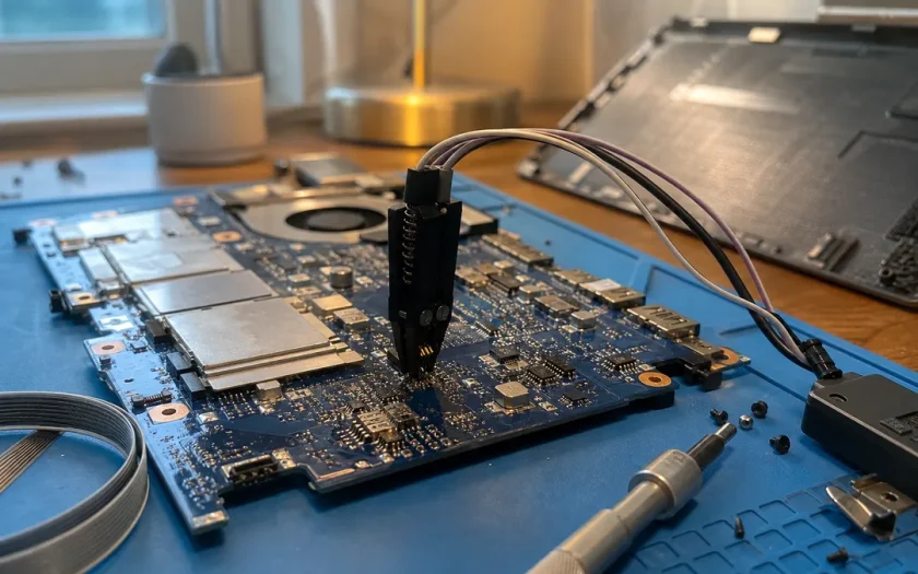 SOIC-klämma ansluten till ett litet firmware-chip på ett moderkort