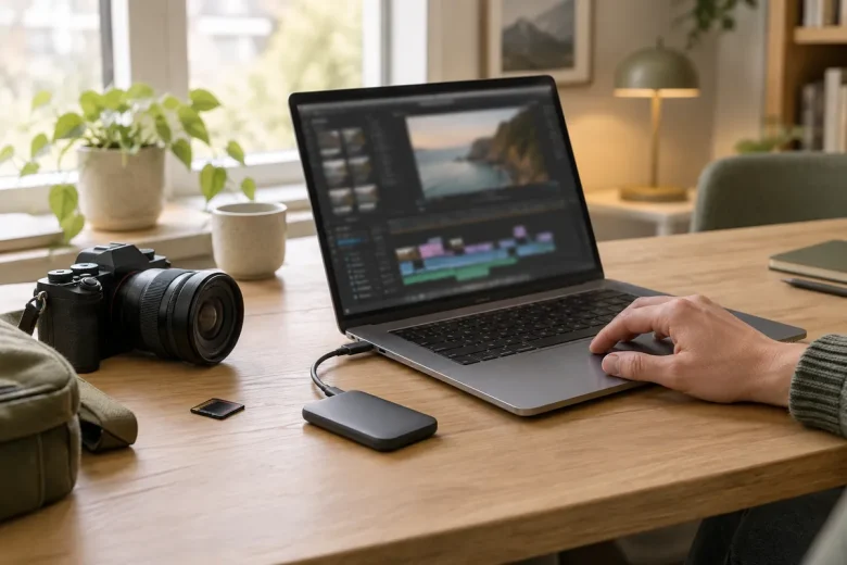 Liten extern SSD ansluten till en laptop med kort kabel bredvid en kamera