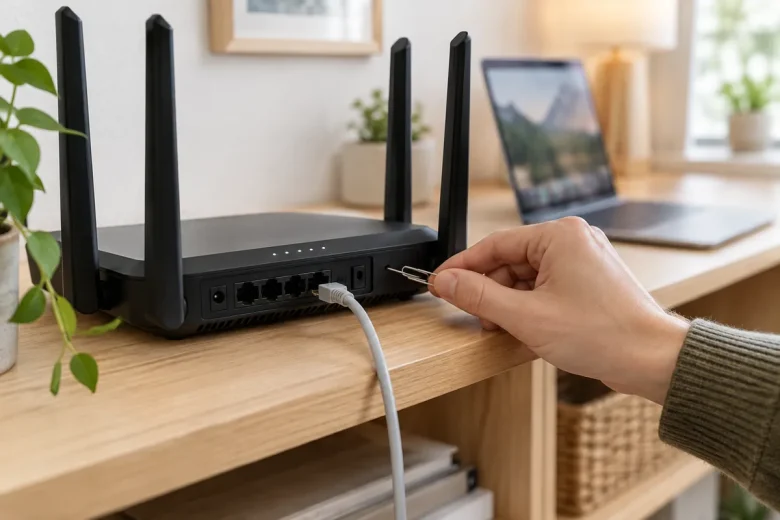 Hand trycker in reset-knappen på baksidan av en wifi-router med ett gem
