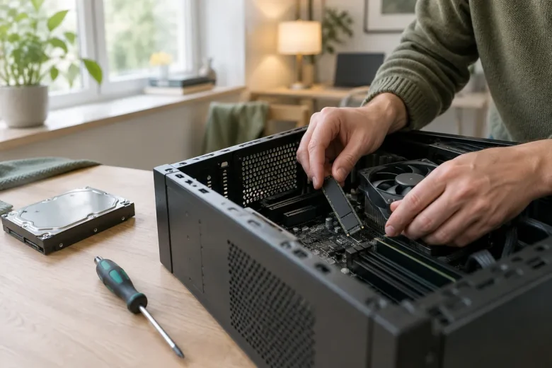 Händer monterar en M.2 SSD i moderkortet för att uppgradera en äldre dator