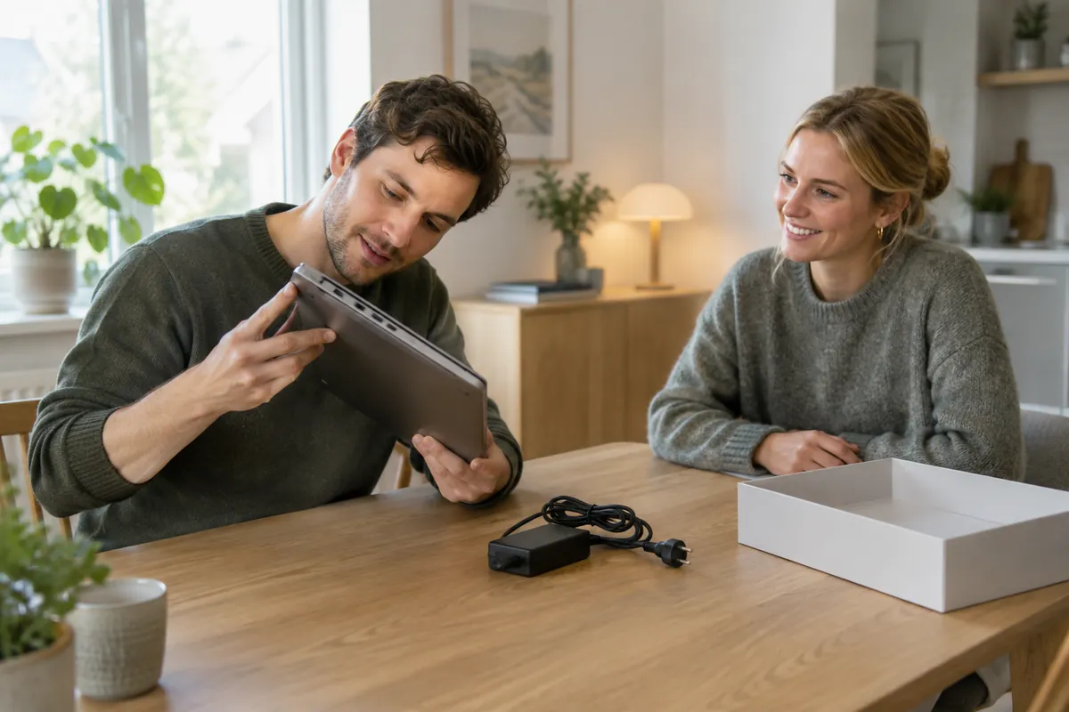 Köpare granskar en begagnad laptop hemma hos säljaren innan köpet