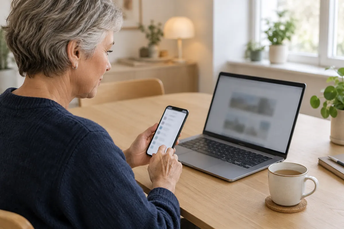 Kvinna kontrollerar inloggningar på sina konton i mobilen och på datorn