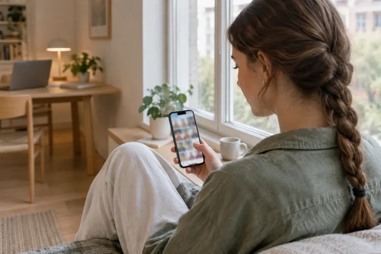 Ung kvinna vid fönstret funderar på att ta bort sitt konto i mobilen