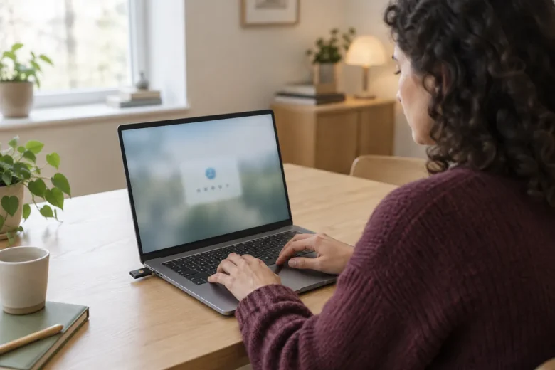 Kvinna skapar ett starkt lösenord på sin laptop med en säkerhetsnyckel i USB-porten