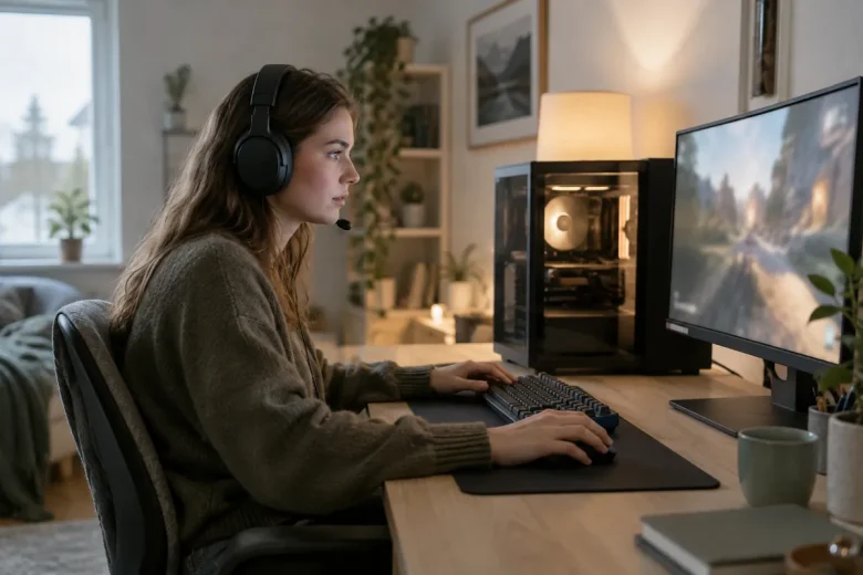 Ung kvinna spelar på en gamingdator med glassida vid skrivbordet