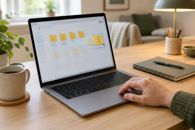 Laptop med filhanteraren öppen där flera filer packas ihop till en zip-mapp