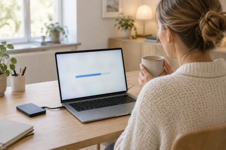 Kvinna väntar på att en stor nedladdning ska bli klar på laptopen