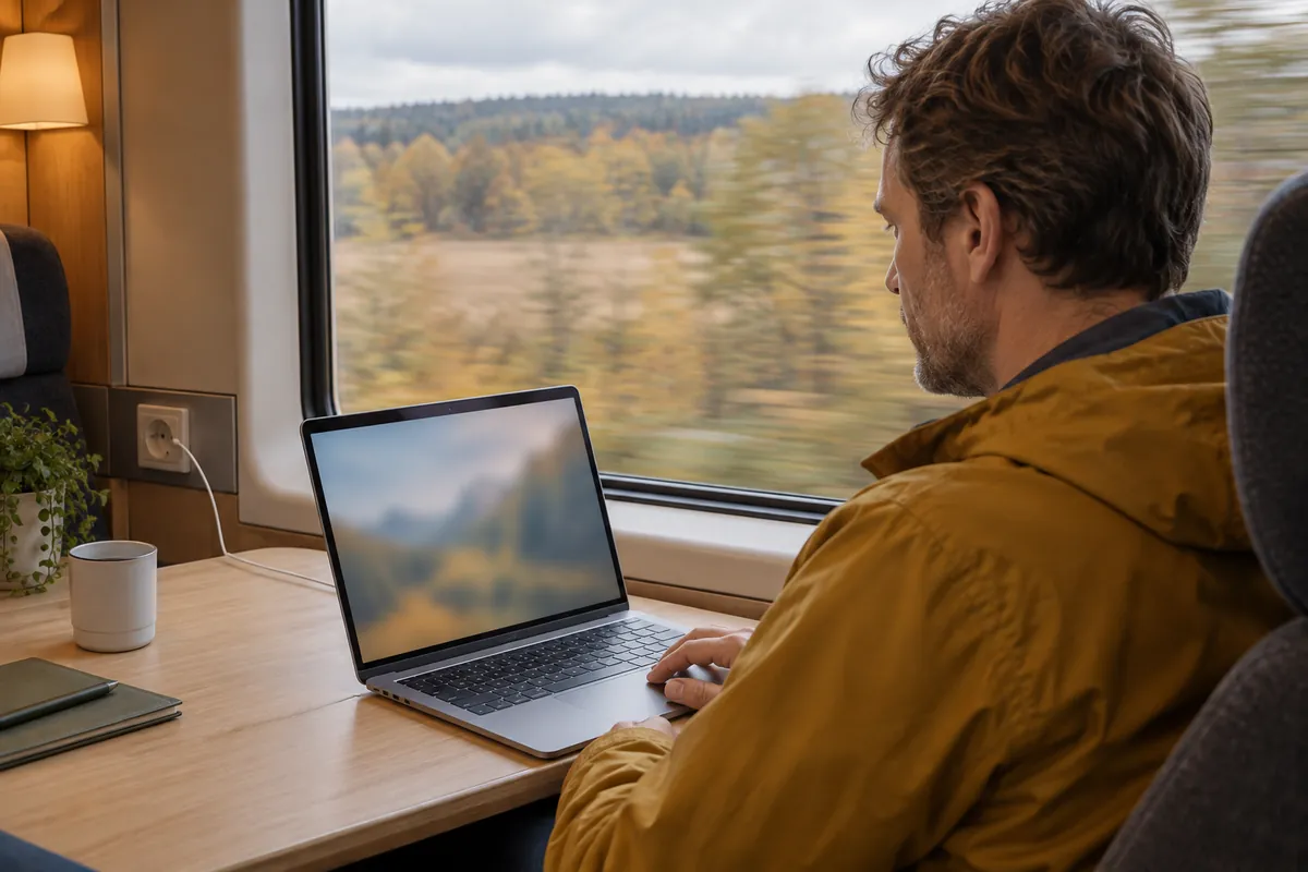 Man på tåget använder sin laptop på ett öppet wifi-nätverk