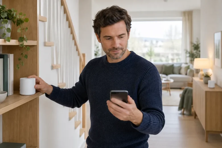 Man placerar en mesh-nod vid trappan i en villa och kontrollerar signalen i mobilen