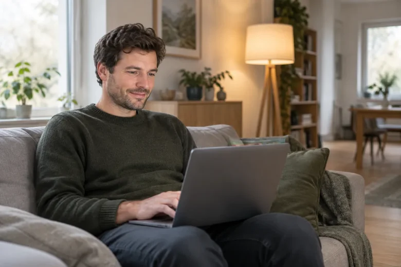 Man surfar med flera flikar öppna i webbläsaren på sin laptop