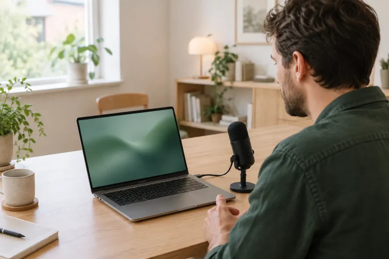 Man testar sin USB-mikrofon framför laptopen