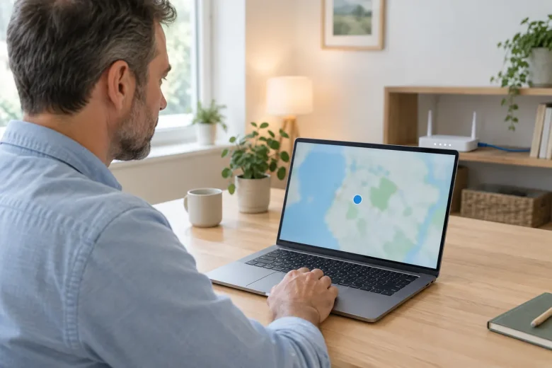 Man kontrollerar sin IP-adress på laptopen med routern i bakgrunden