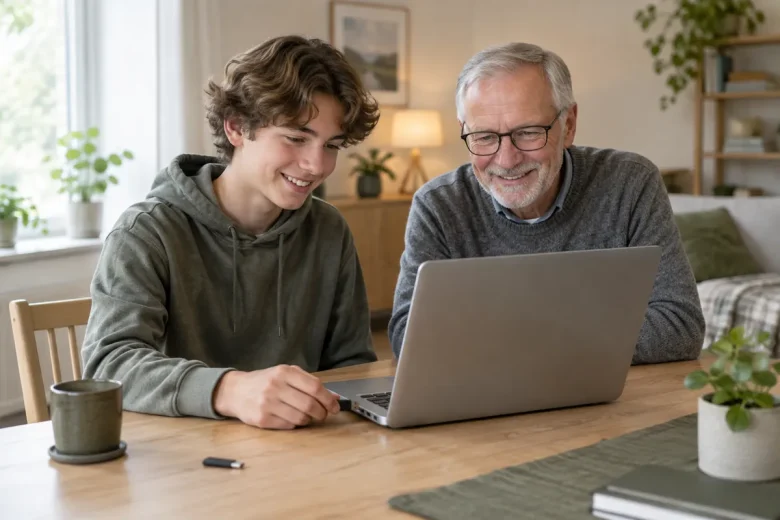 Morfar och barnbarn installerar ett gratis operativsystem på en äldre laptop