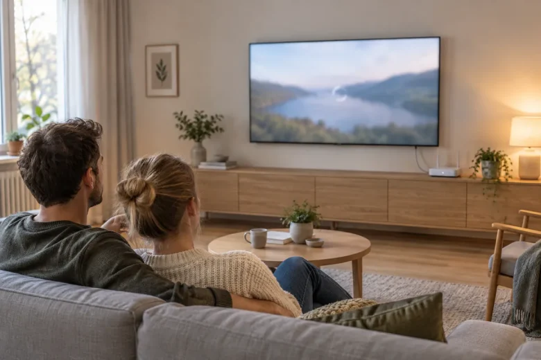 Par i soffan väntar medan filmen på tv:n laddar, med routern under tv:n