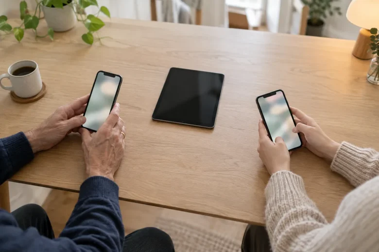 Två personer håller var sin mobil vid ett köksbord