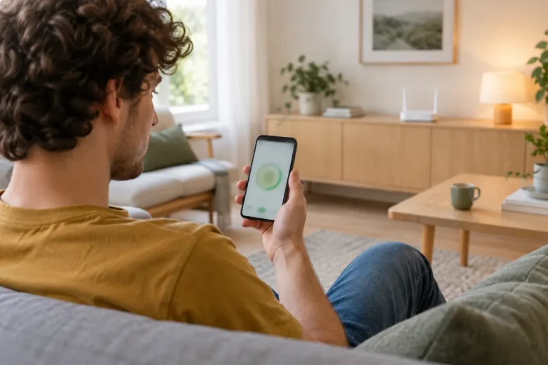 Ung man mäter internethastigheten i mobilen med routern i bakgrunden