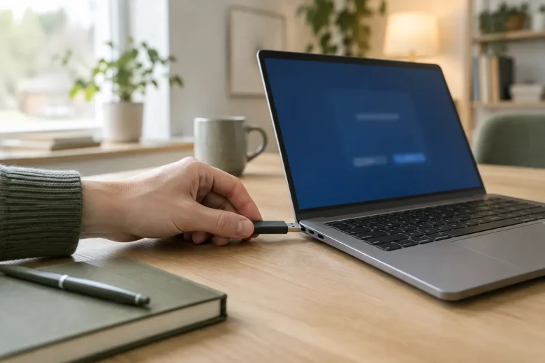 USB-minne med installationsfiler sätts i en laptop för att installera om Windows